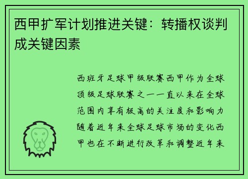西甲扩军计划推进关键：转播权谈判成关键因素