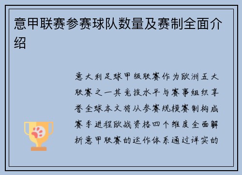 意甲联赛参赛球队数量及赛制全面介绍