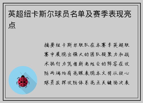 英超纽卡斯尔球员名单及赛季表现亮点